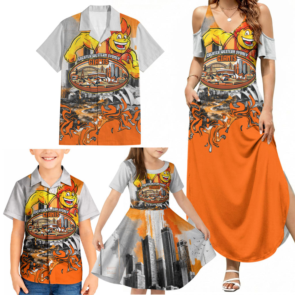 Personalised Greater Western Sydney Giants City Of Football Team Family Matching Summer Maxi Dress and Hawaiian Shirt Sydney City Skyline Illustration Sport Fan