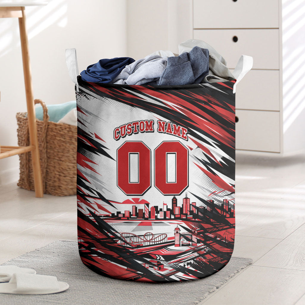 Personalised St Kilda Saints Fan Pride Laundry Basket Crusader Mascot Graphic Art With Melbourne City Skyline