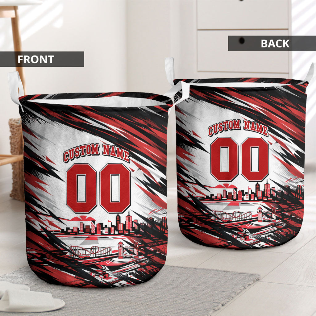 Personalised St Kilda Saints Fan Pride Laundry Basket Crusader Mascot Graphic Art With Melbourne City Skyline