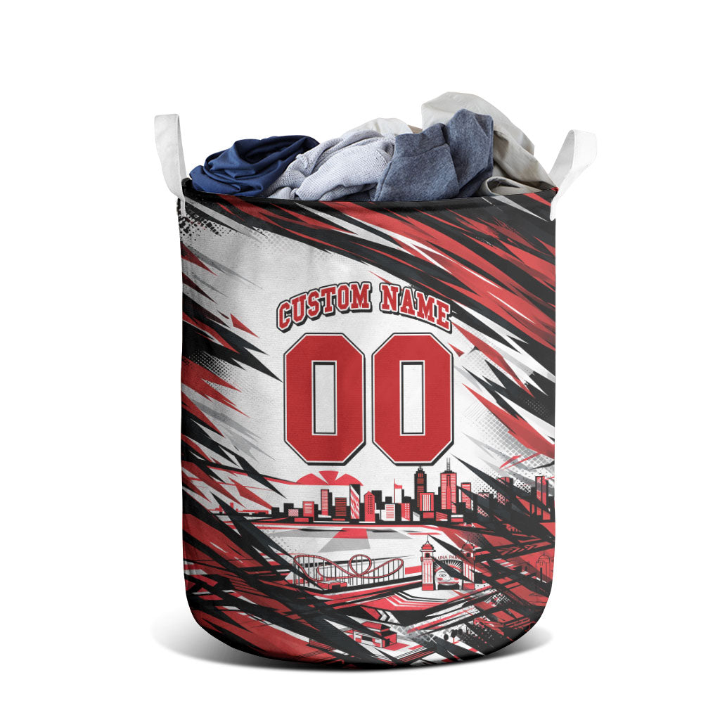 Personalised St Kilda Saints Fan Pride Laundry Basket Crusader Mascot Graphic Art With Melbourne City Skyline