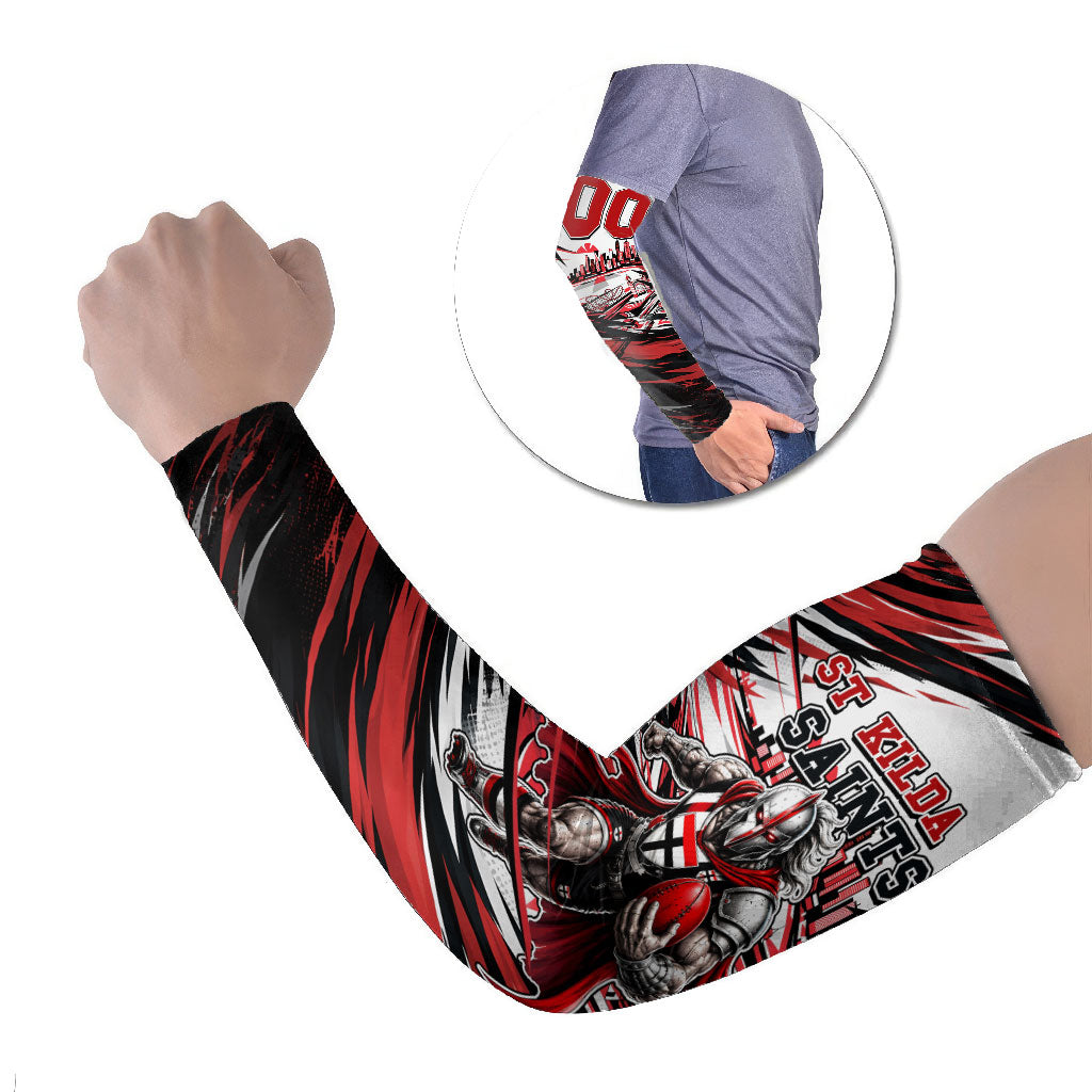 Personalised St Kilda Saints Fan Pride Arm Sleeves Crusader Mascot Graphic Art With Melbourne City Skyline