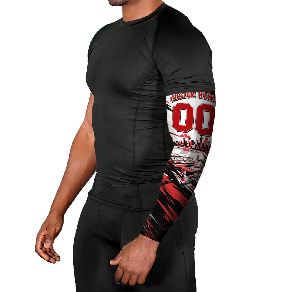 Personalised St Kilda Saints Fan Pride Arm Sleeves Crusader Mascot Graphic Art With Melbourne City Skyline