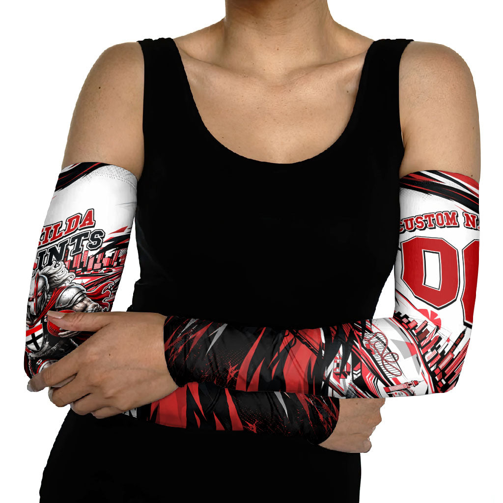 Personalised St Kilda Saints Fan Pride Arm Sleeves Crusader Mascot Graphic Art With Melbourne City Skyline