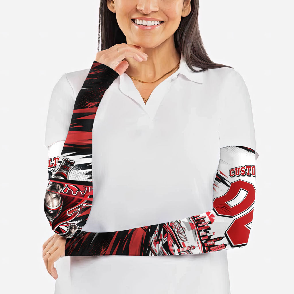 Personalised St Kilda Saints Fan Pride Arm Sleeves Crusader Mascot Graphic Art With Melbourne City Skyline