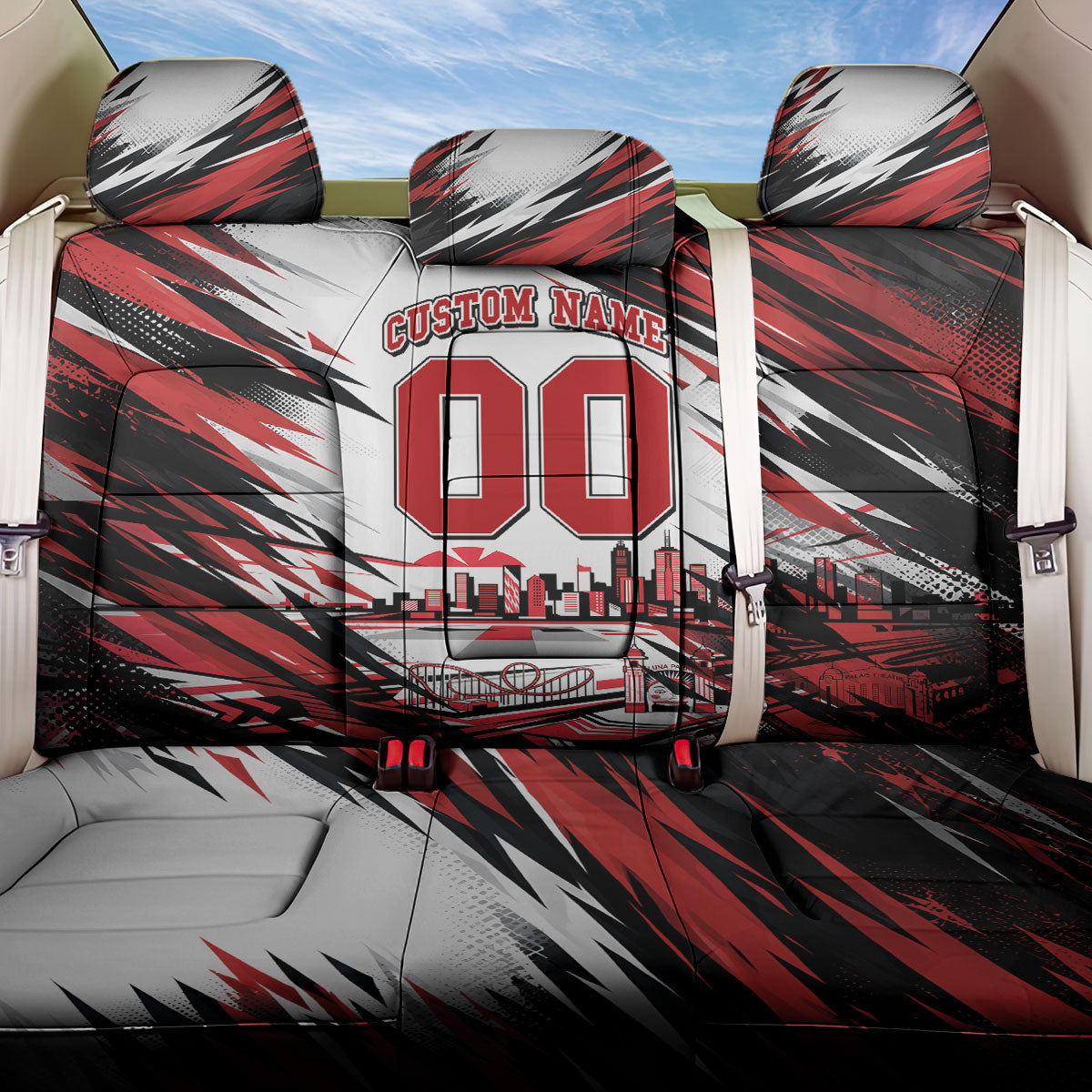 Personalised St Kilda Saints Fan Pride Back Car Seat Cover Crusader Mascot Graphic Art With Melbourne City Skyline