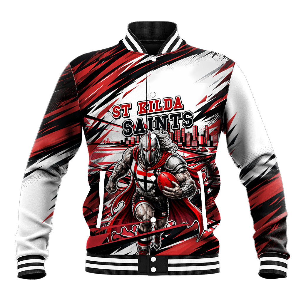 Personalised St Kilda Saints Fan Pride Baseball Jacket Crusader Mascot Graphic Art With Melbourne City Skyline