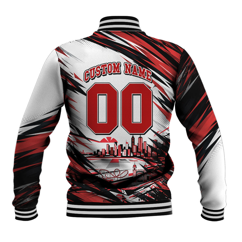 Personalised St Kilda Saints Fan Pride Baseball Jacket Crusader Mascot Graphic Art With Melbourne City Skyline