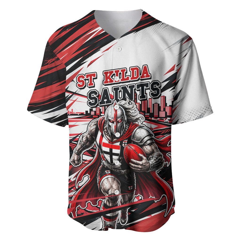 Personalised St Kilda Saints Fan Pride Baseball Jersey Crusader Mascot Graphic Art With Melbourne City Skyline