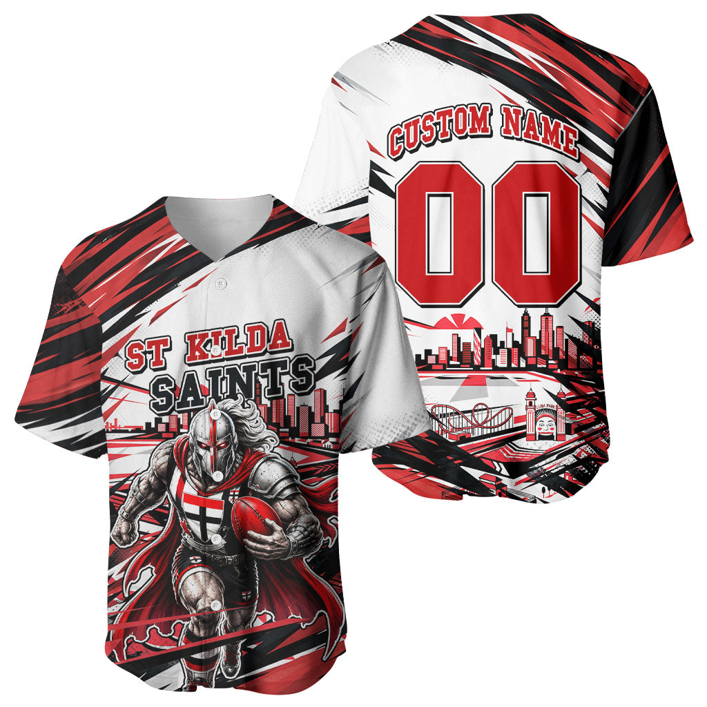 Personalised St Kilda Saints Fan Pride Baseball Jersey Crusader Mascot Graphic Art With Melbourne City Skyline