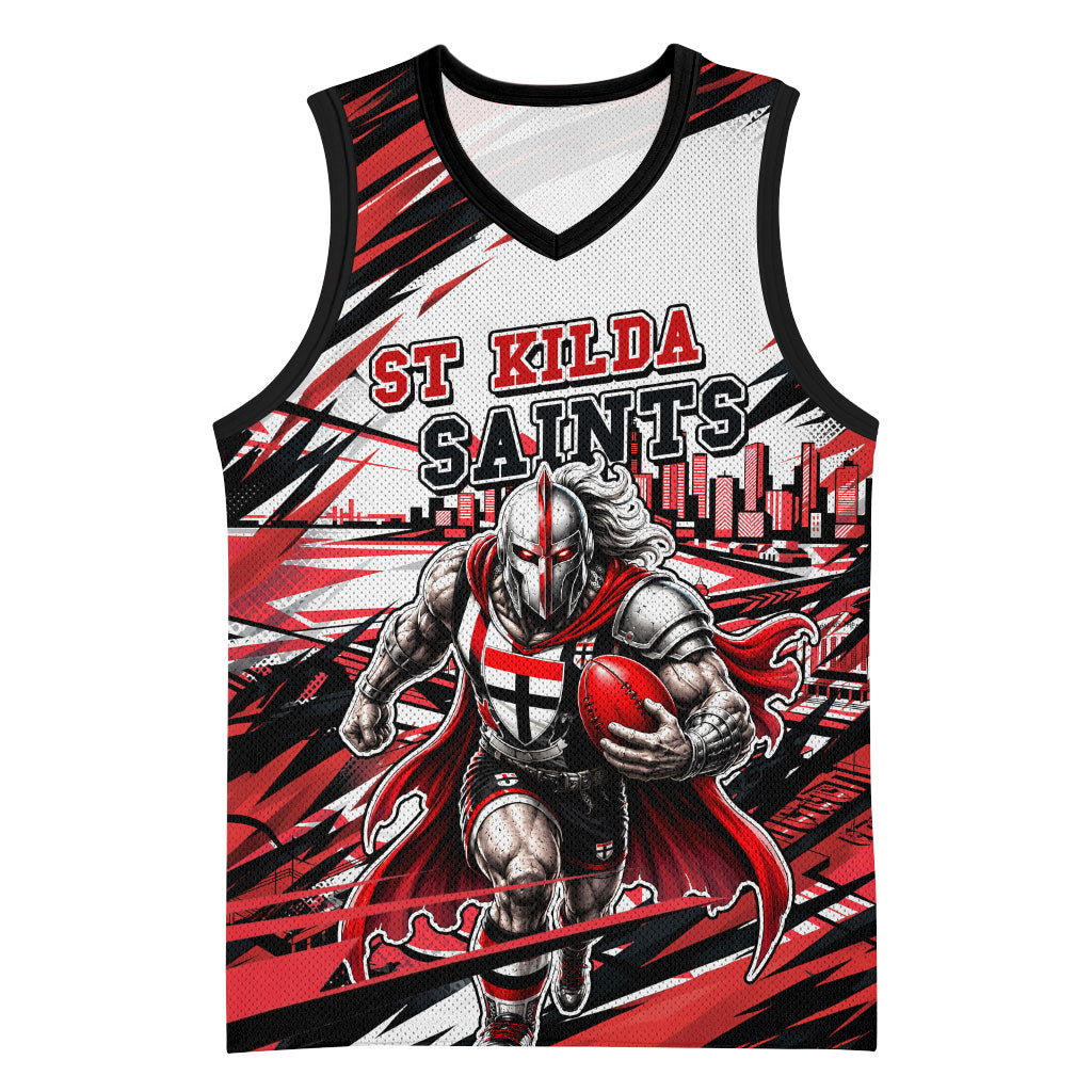 Personalised St Kilda Saints Fan Pride Basketball Jersey Crusader Mascot Graphic Art With Melbourne City Skyline