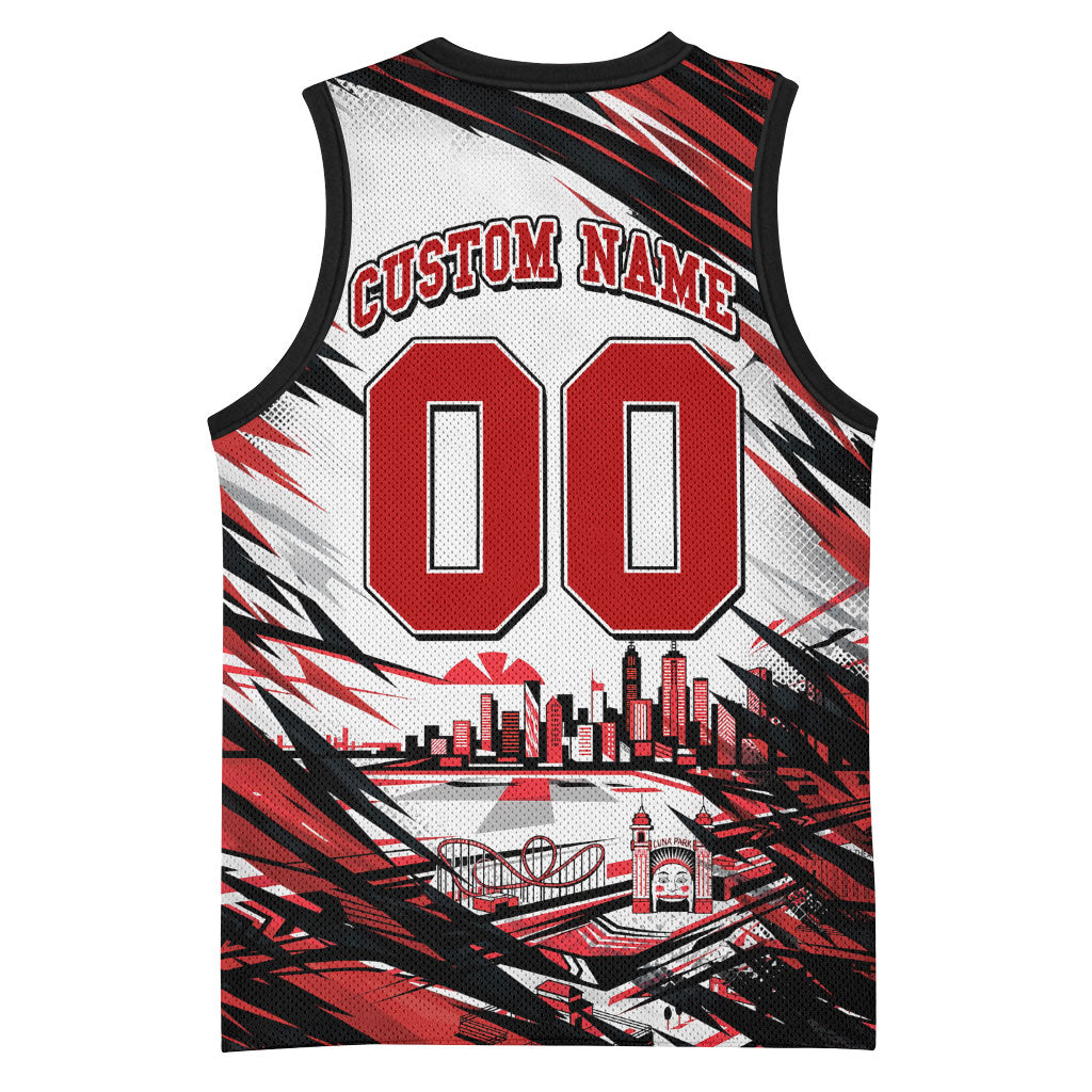 Personalised St Kilda Saints Fan Pride Basketball Jersey Crusader Mascot Graphic Art With Melbourne City Skyline