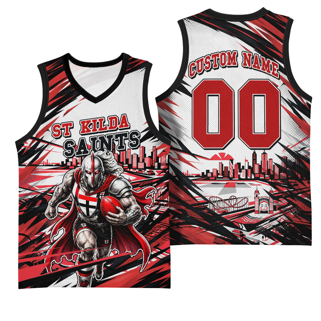 Personalised St Kilda Saints Fan Pride Basketball Jersey Crusader Mascot Graphic Art With Melbourne City Skyline