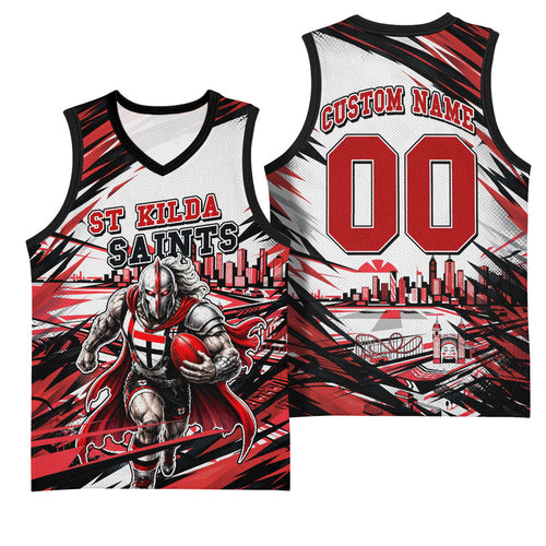 Personalised St Kilda Saints Fan Pride Basketball Jersey Crusader Mascot Graphic Art With Melbourne City Skyline