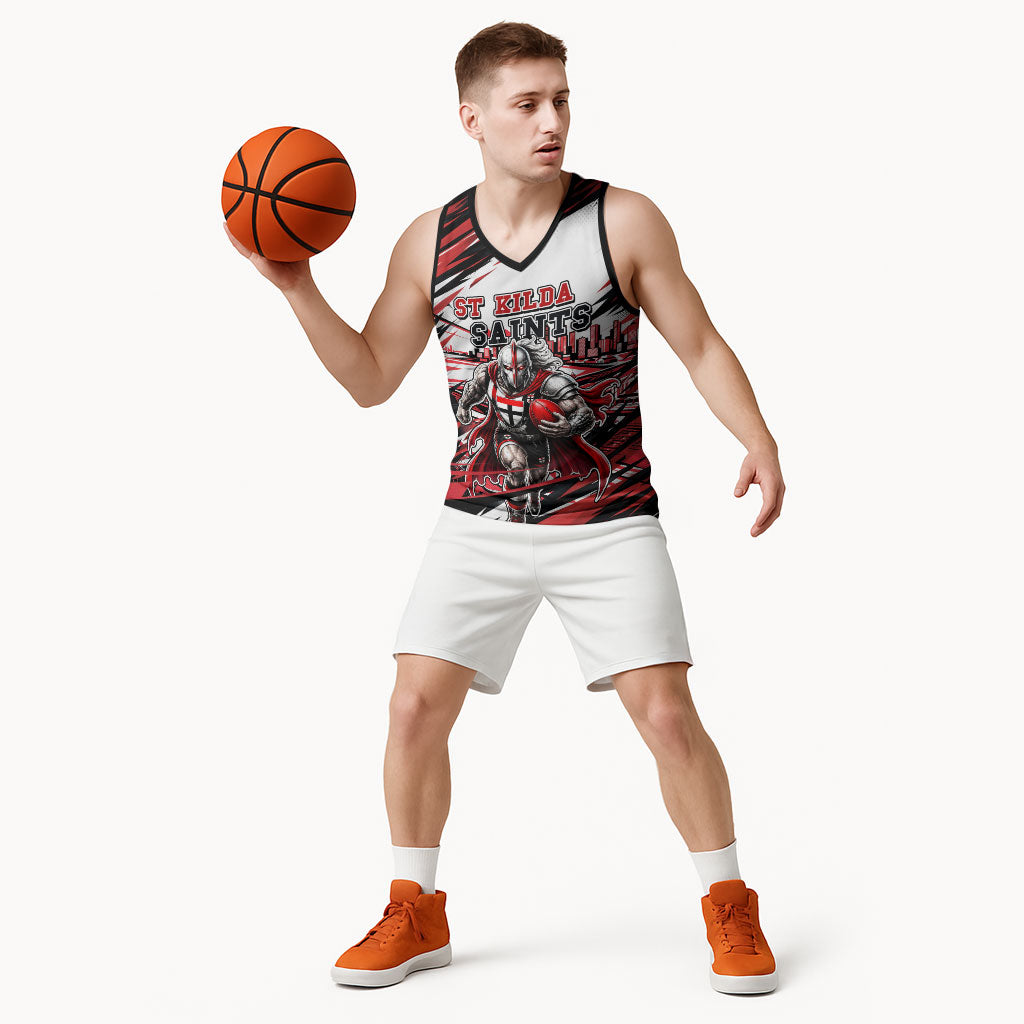 Personalised St Kilda Saints Fan Pride Basketball Jersey Crusader Mascot Graphic Art With Melbourne City Skyline