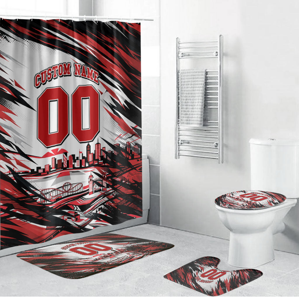 Personalised St Kilda Saints Fan Pride Bathroom Set Crusader Mascot Graphic Art With Melbourne City Skyline