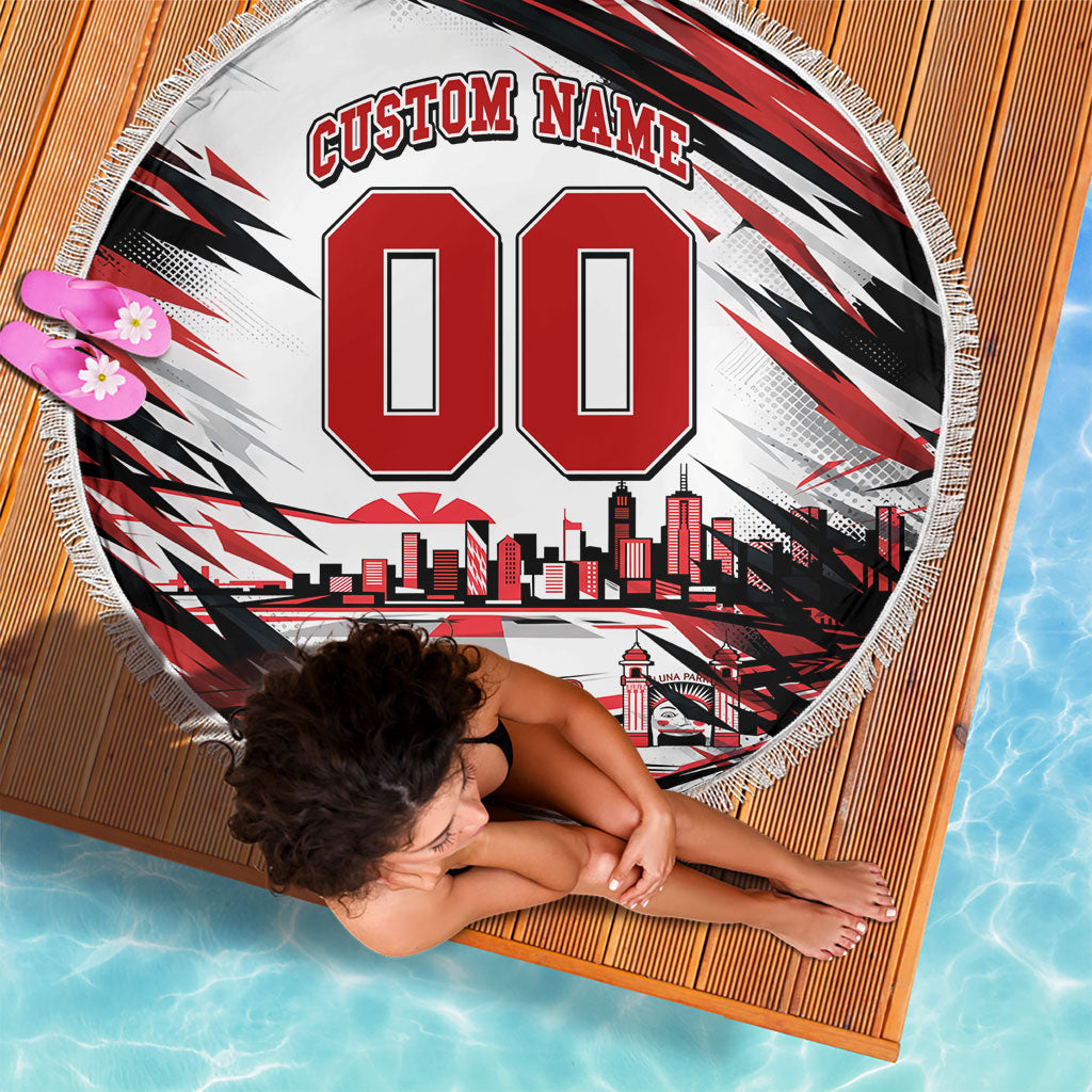 Personalised St Kilda Saints Fan Pride Beach Blanket Crusader Mascot Graphic Art With Melbourne City Skyline