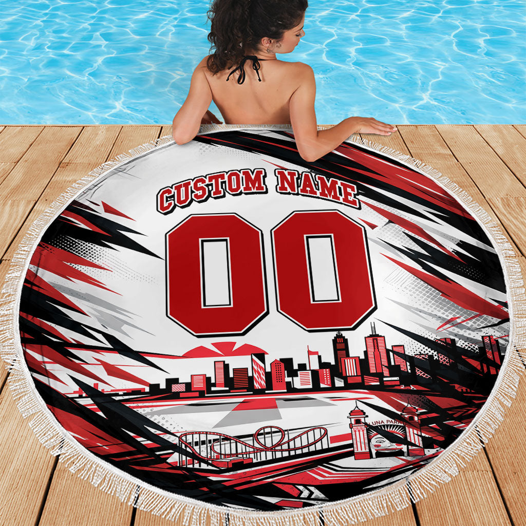 Personalised St Kilda Saints Fan Pride Beach Blanket Crusader Mascot Graphic Art With Melbourne City Skyline