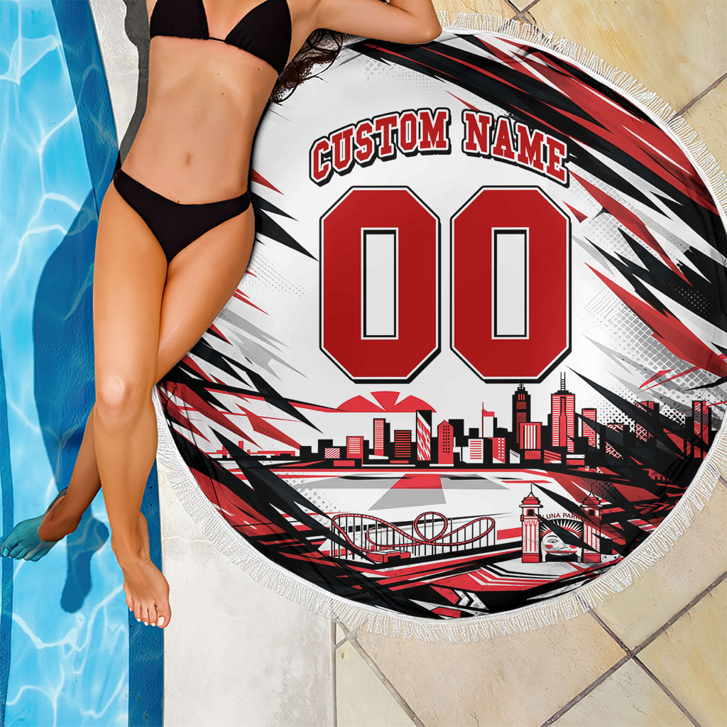 Personalised St Kilda Saints Fan Pride Beach Blanket Crusader Mascot Graphic Art With Melbourne City Skyline
