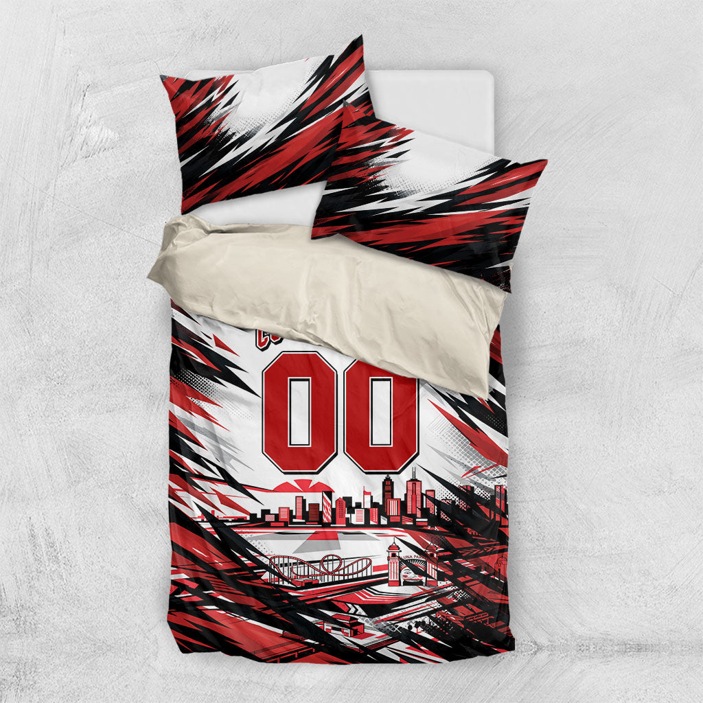Personalised St Kilda Saints Fan Pride Bedding Set Crusader Mascot Graphic Art With Melbourne City Skyline