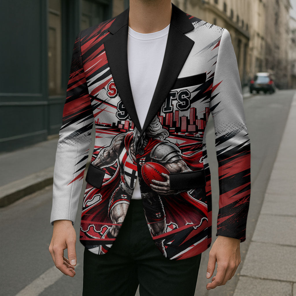 Personalised St Kilda Saints Fan Pride Blazer Crusader Mascot Graphic Art With Melbourne City Skyline