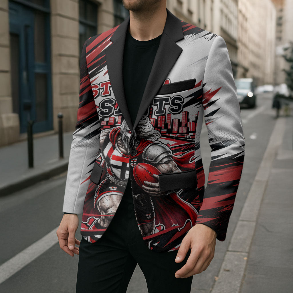 Personalised St Kilda Saints Fan Pride Blazer Crusader Mascot Graphic Art With Melbourne City Skyline