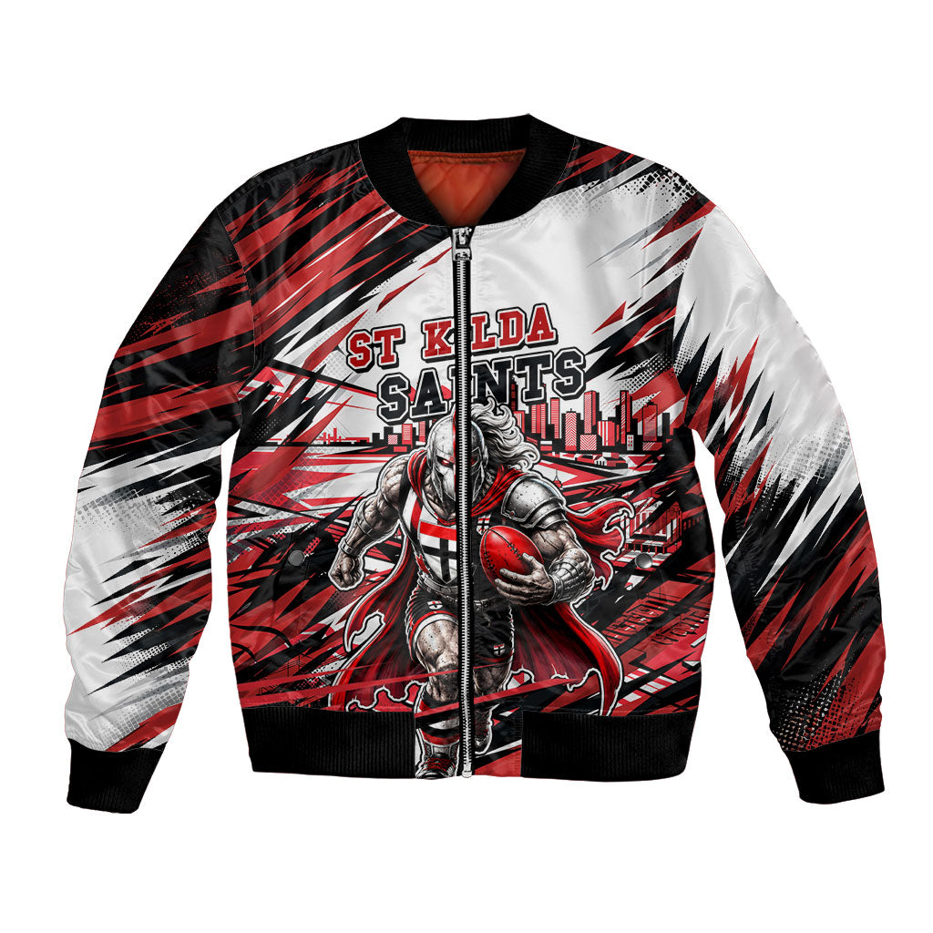 Personalised St Kilda Saints Fan Pride Bomber Jacket Crusader Mascot Graphic Art With Melbourne City Skyline