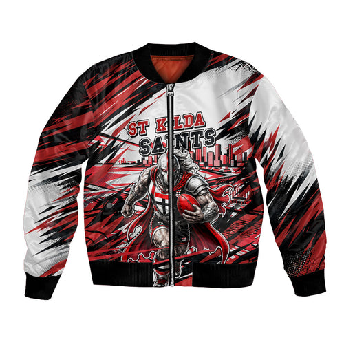 Personalised St Kilda Saints Fan Pride Bomber Jacket Crusader Mascot Graphic Art With Melbourne City Skyline
