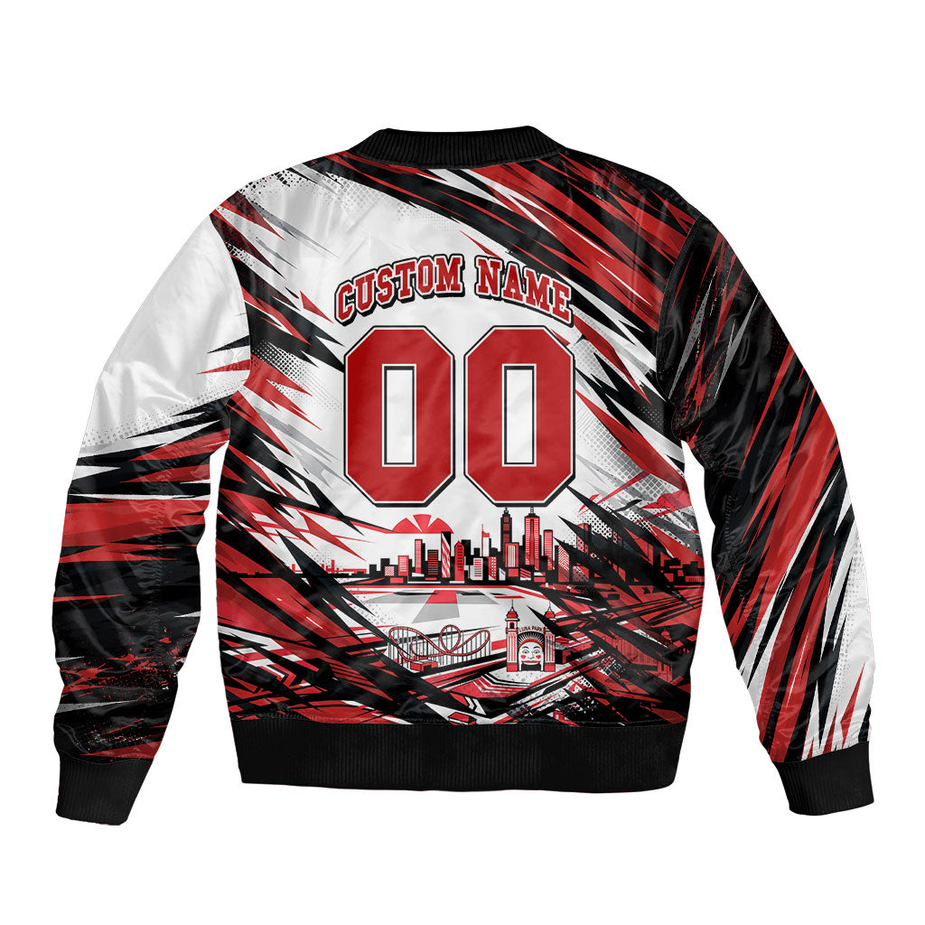 Personalised St Kilda Saints Fan Pride Bomber Jacket Crusader Mascot Graphic Art With Melbourne City Skyline