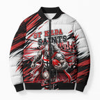 Personalised St Kilda Saints Fan Pride Bomber Puffer Jacket Crusader Mascot Graphic Art With Melbourne City Skyline
