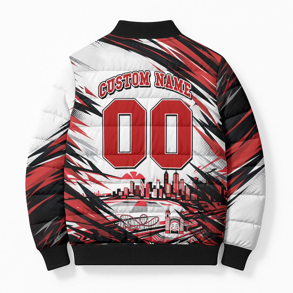 Personalised St Kilda Saints Fan Pride Bomber Puffer Jacket Crusader Mascot Graphic Art With Melbourne City Skyline