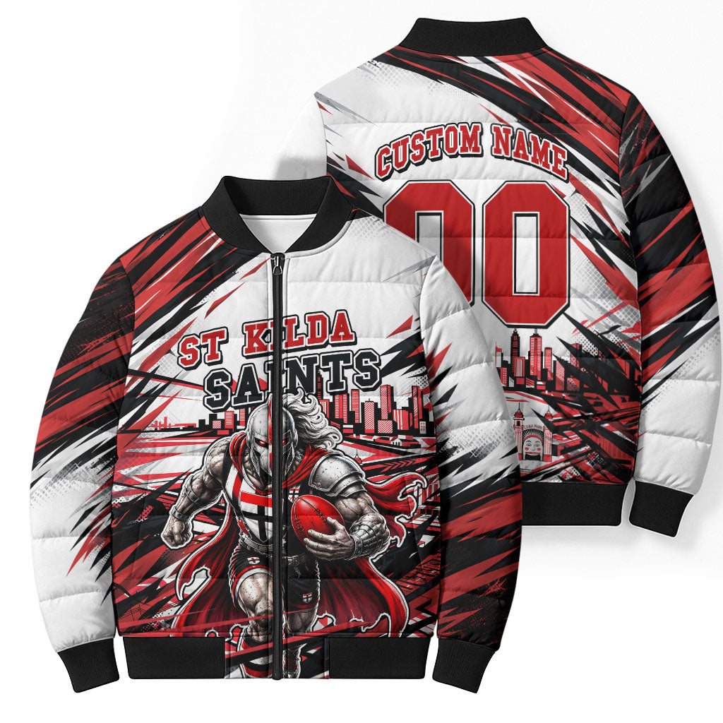 Personalised St Kilda Saints Fan Pride Bomber Puffer Jacket Crusader Mascot Graphic Art With Melbourne City Skyline
