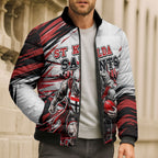 Personalised St Kilda Saints Fan Pride Bomber Puffer Jacket Crusader Mascot Graphic Art With Melbourne City Skyline
