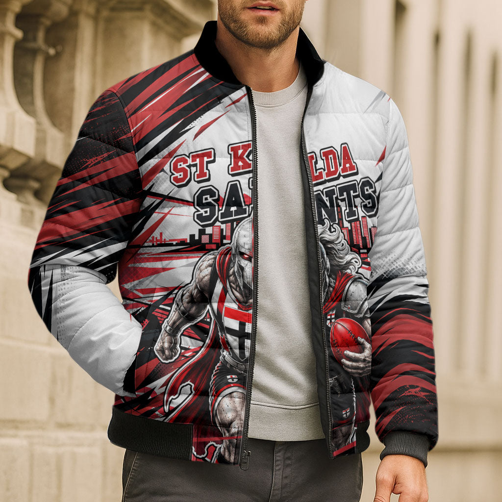 Personalised St Kilda Saints Fan Pride Bomber Puffer Jacket Crusader Mascot Graphic Art With Melbourne City Skyline