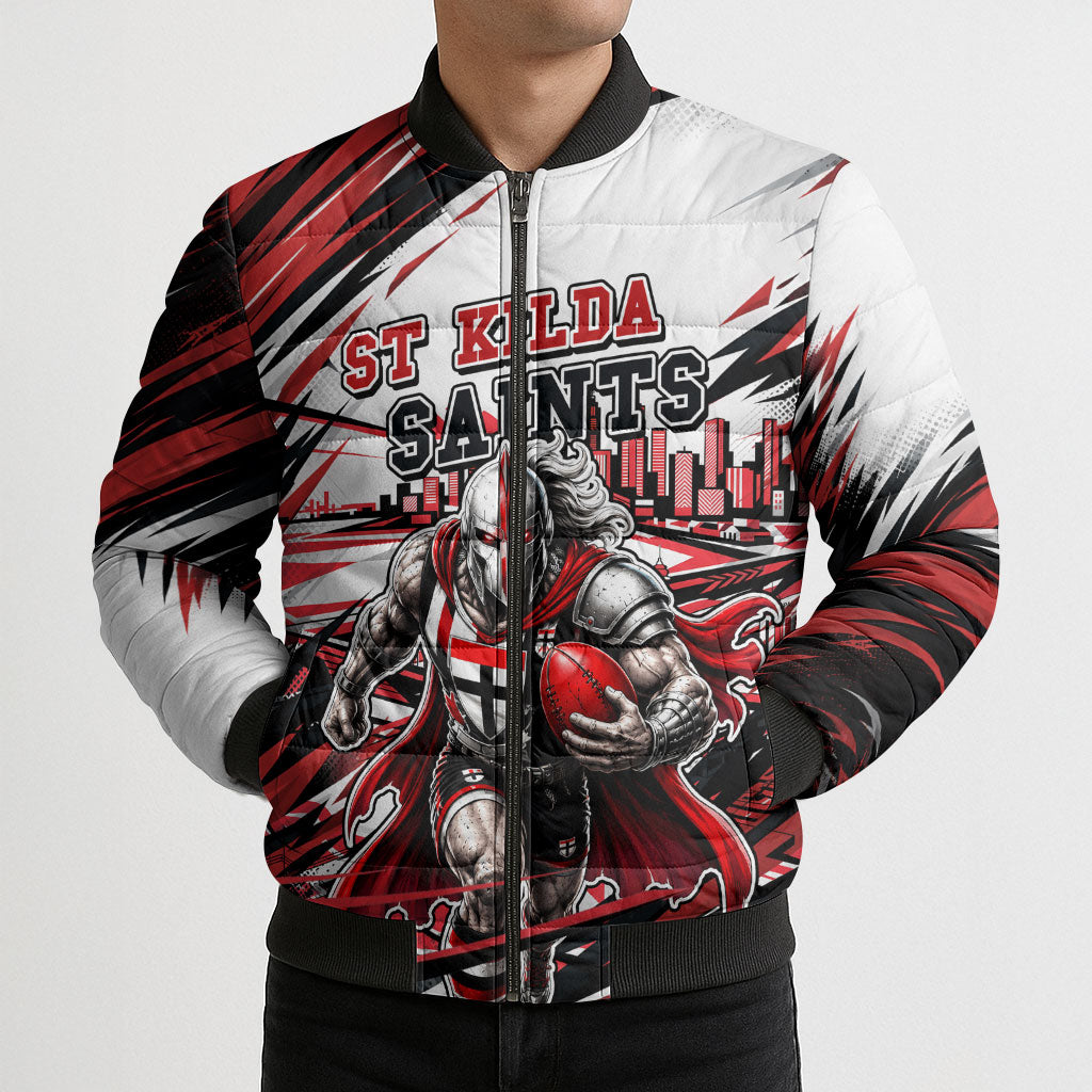 Personalised St Kilda Saints Fan Pride Bomber Puffer Jacket Crusader Mascot Graphic Art With Melbourne City Skyline