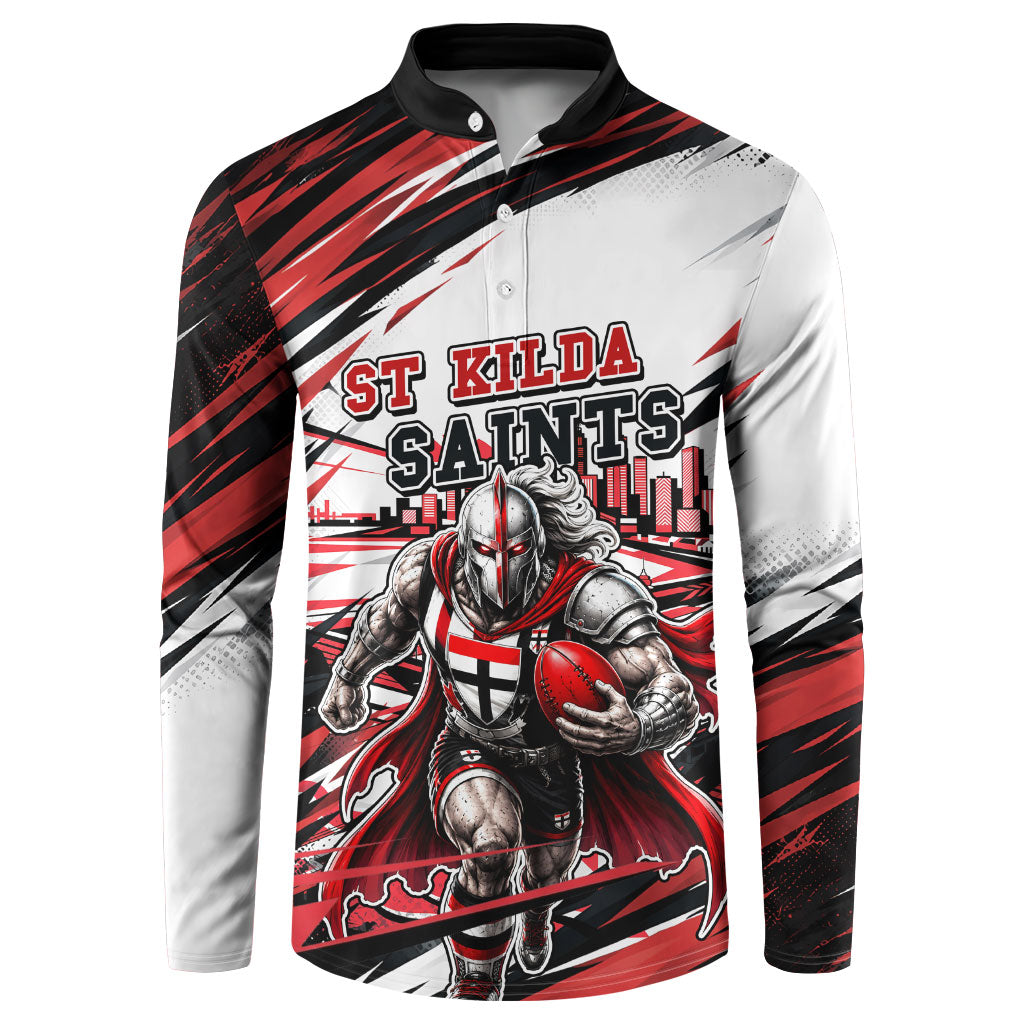 Personalised St Kilda Saints Fan Pride Button Sweatshirt Crusader Mascot Graphic Art With Melbourne City Skyline