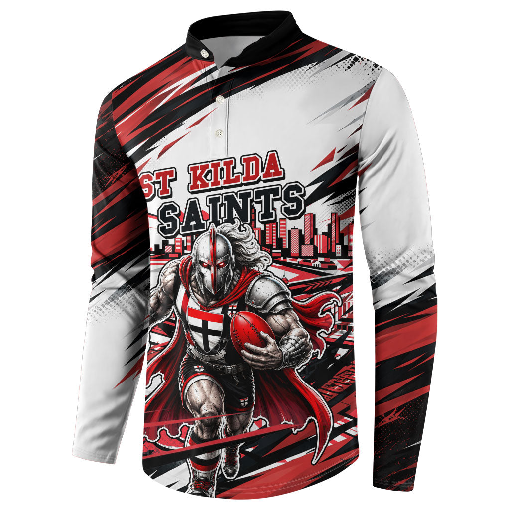 Personalised St Kilda Saints Fan Pride Button Sweatshirt Crusader Mascot Graphic Art With Melbourne City Skyline