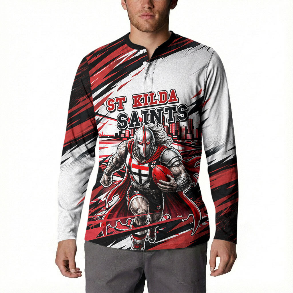 Personalised St Kilda Saints Fan Pride Button Sweatshirt Crusader Mascot Graphic Art With Melbourne City Skyline