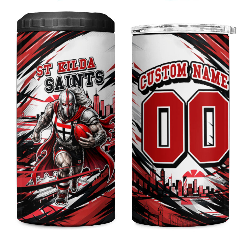 Personalised St Kilda Saints Fan Pride 4 in 1 Can Cooler Tumbler Crusader Mascot Graphic Art With Melbourne City Skyline