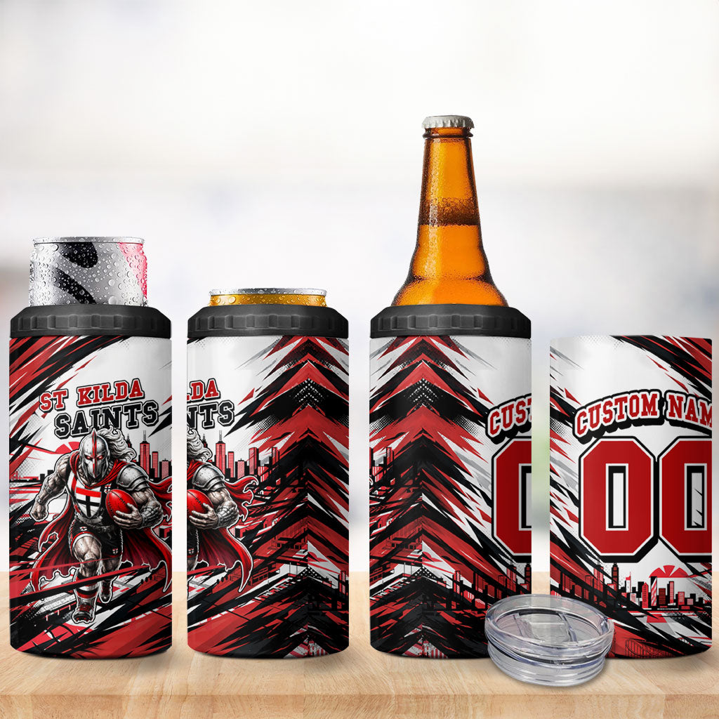 Personalised St Kilda Saints Fan Pride 4 in 1 Can Cooler Tumbler Crusader Mascot Graphic Art With Melbourne City Skyline