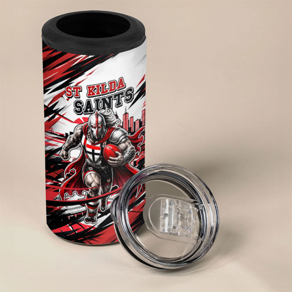 Personalised St Kilda Saints Fan Pride 4 in 1 Can Cooler Tumbler Crusader Mascot Graphic Art With Melbourne City Skyline