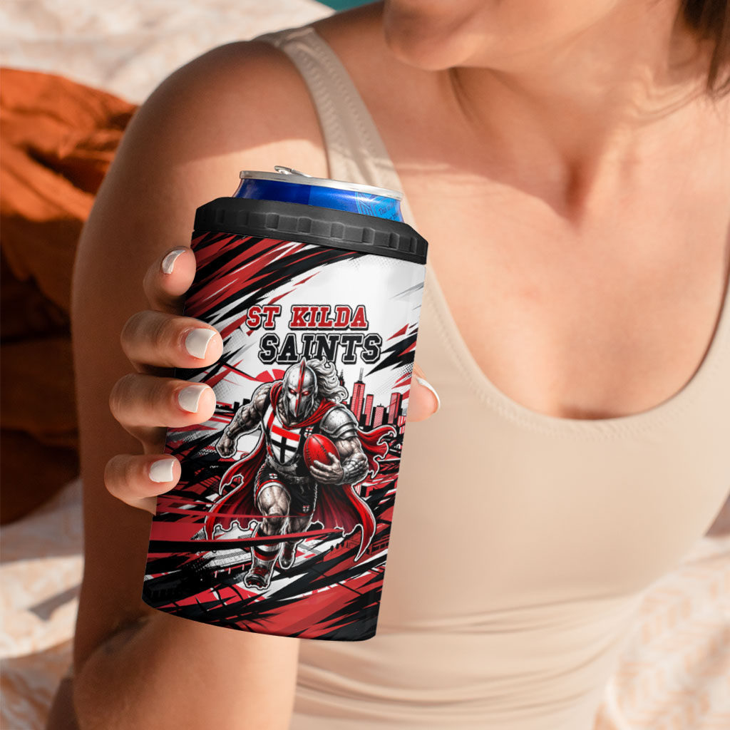 Personalised St Kilda Saints Fan Pride 4 in 1 Can Cooler Tumbler Crusader Mascot Graphic Art With Melbourne City Skyline