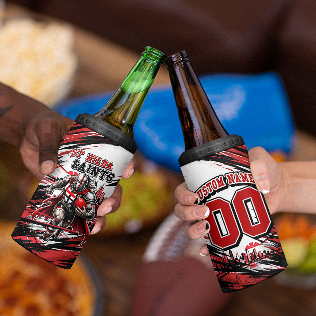 Personalised St Kilda Saints Fan Pride 4 in 1 Can Cooler Tumbler Crusader Mascot Graphic Art With Melbourne City Skyline