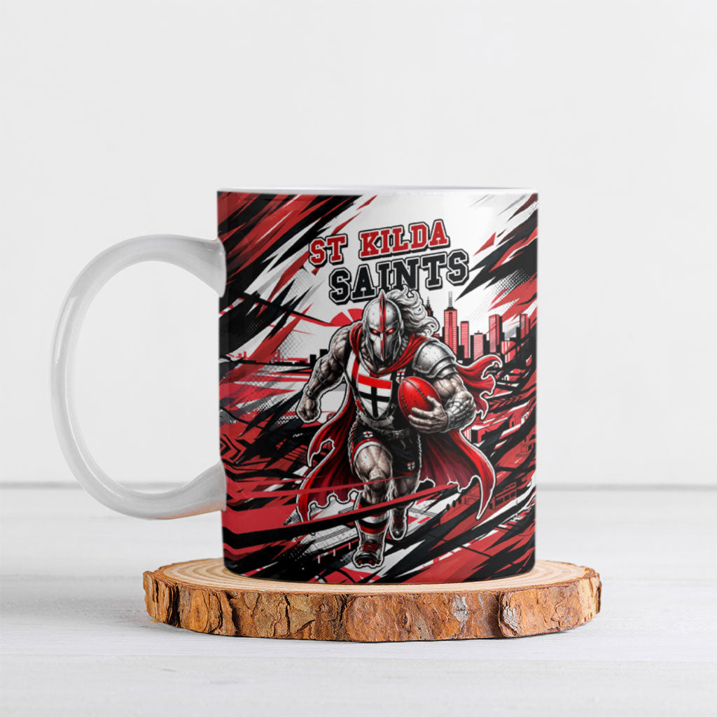 Personalised St Kilda Saints Fan Pride Ceramic Mug Crusader Mascot Graphic Art With Melbourne City Skyline