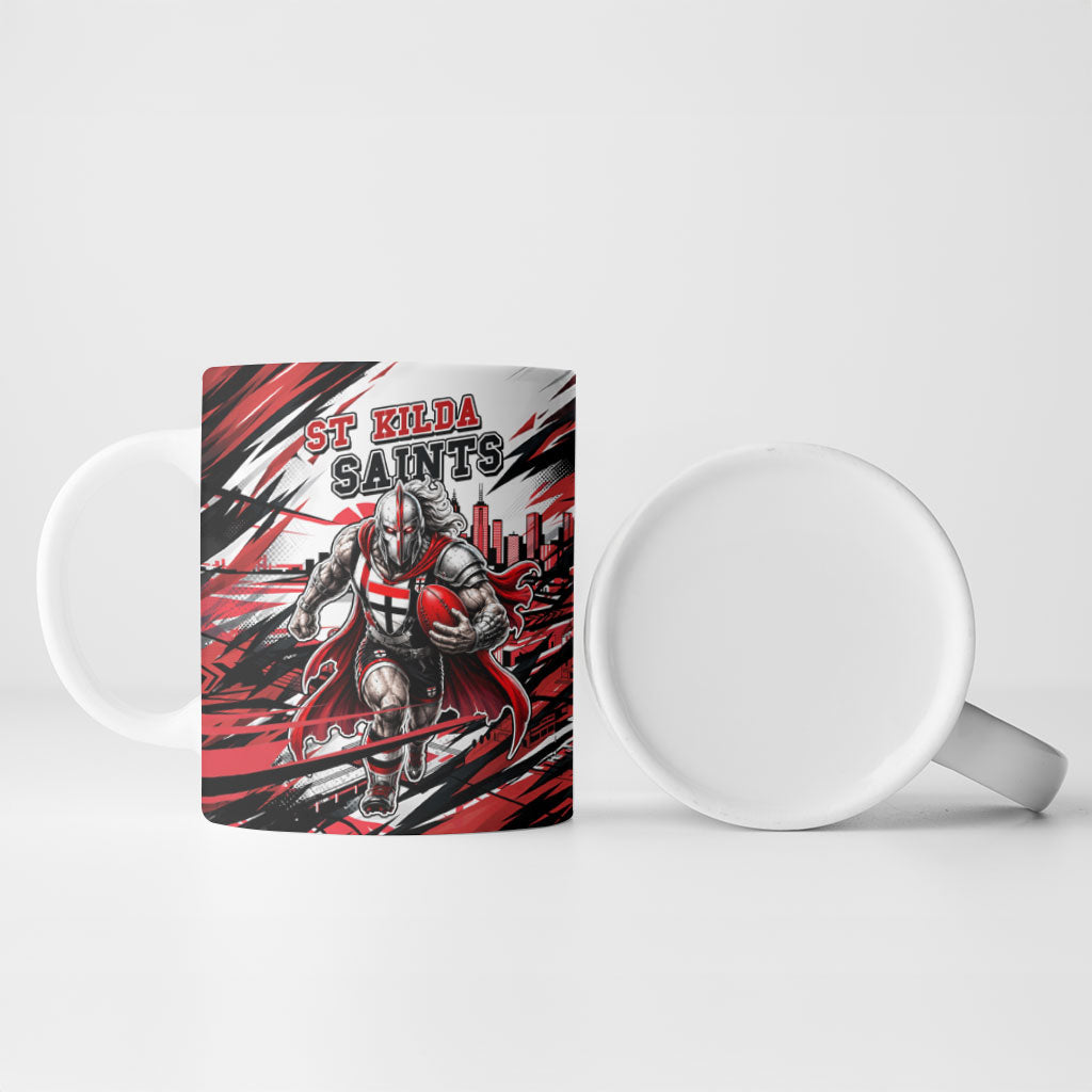 Personalised St Kilda Saints Fan Pride Ceramic Mug Crusader Mascot Graphic Art With Melbourne City Skyline