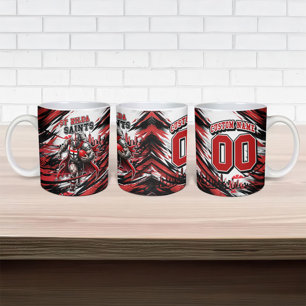 Personalised St Kilda Saints Fan Pride Ceramic Mug Crusader Mascot Graphic Art With Melbourne City Skyline