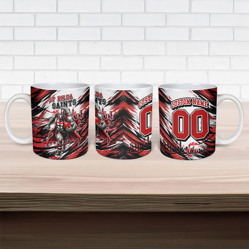 Personalised St Kilda Saints Fan Pride Ceramic Mug Crusader Mascot Graphic Art With Melbourne City Skyline