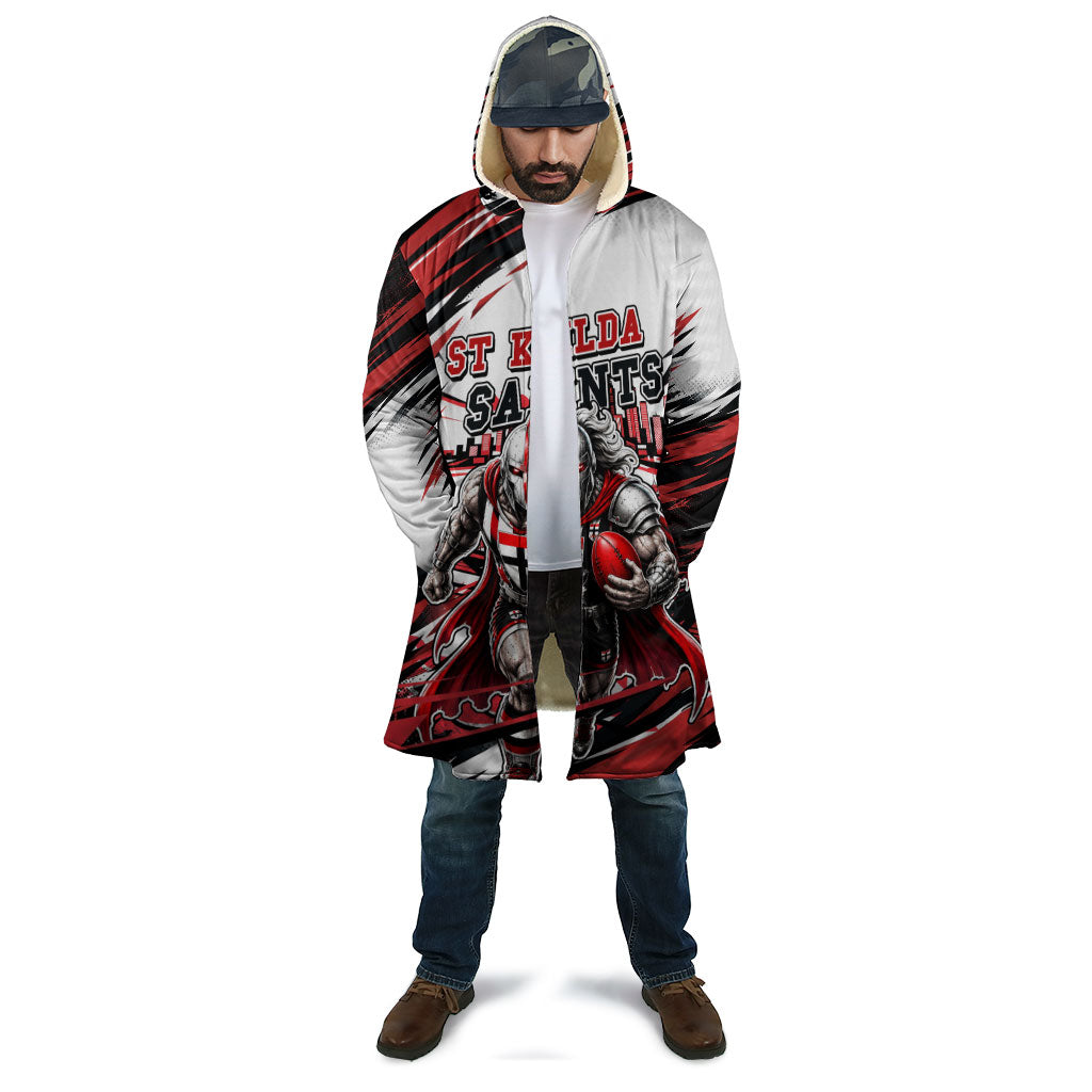 Personalised St Kilda Saints Fan Pride Cloak Crusader Mascot Graphic Art With Melbourne City Skyline
