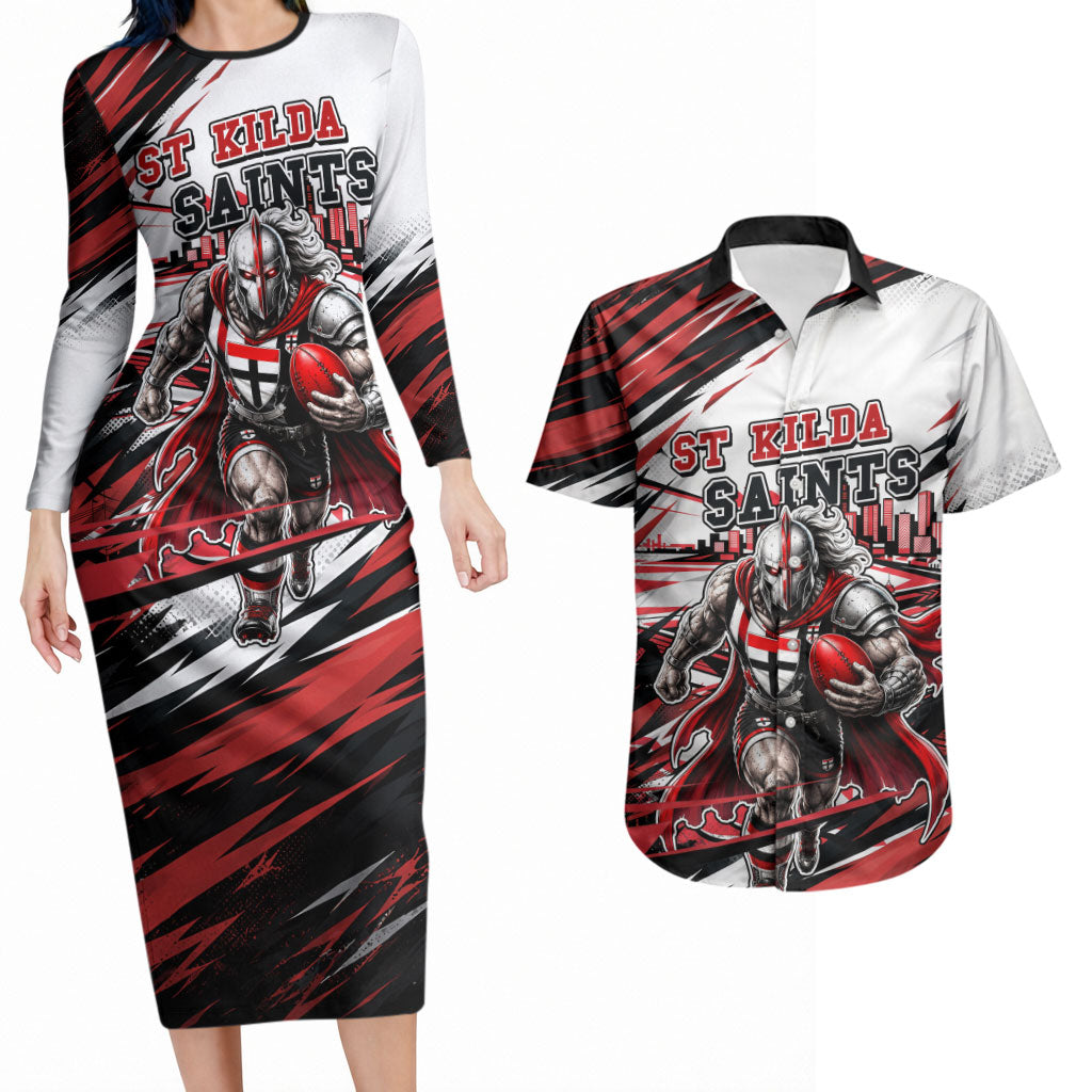 Personalised St Kilda Saints Fan Pride Couples Matching Long Sleeve Bodycon Dress and Hawaiian Shirt Crusader Mascot Graphic Art With Melbourne City Skyline