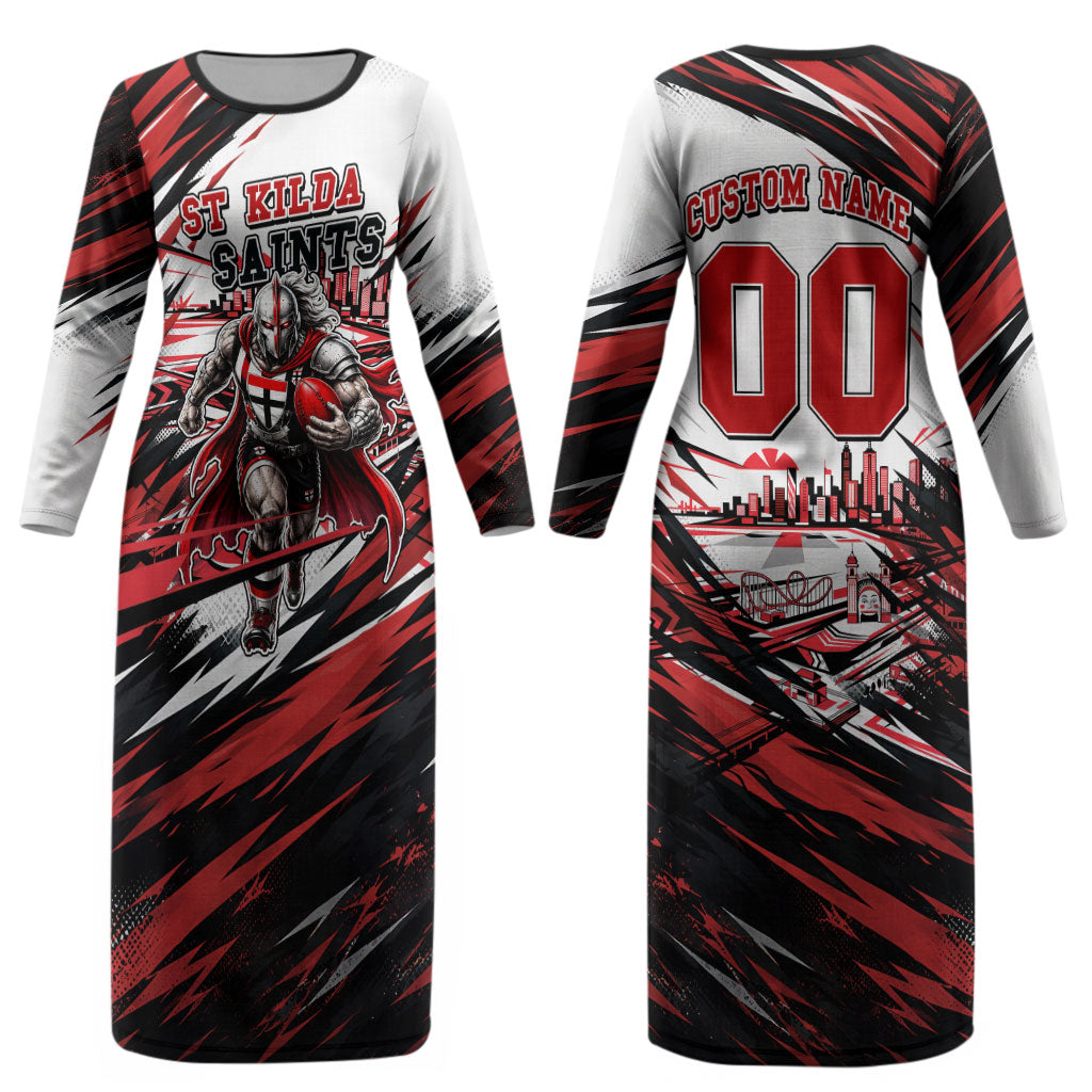Personalised St Kilda Saints Fan Pride Couples Matching Long Sleeve Bodycon Dress and Hawaiian Shirt Crusader Mascot Graphic Art With Melbourne City Skyline