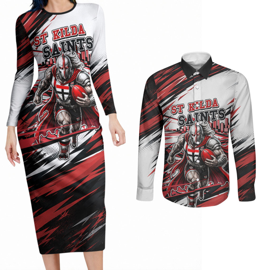 Personalised St Kilda Saints Fan Pride Couples Matching Long Sleeve Bodycon Dress and Long Sleeve Button Shirt Crusader Mascot Graphic Art With Melbourne City Skyline